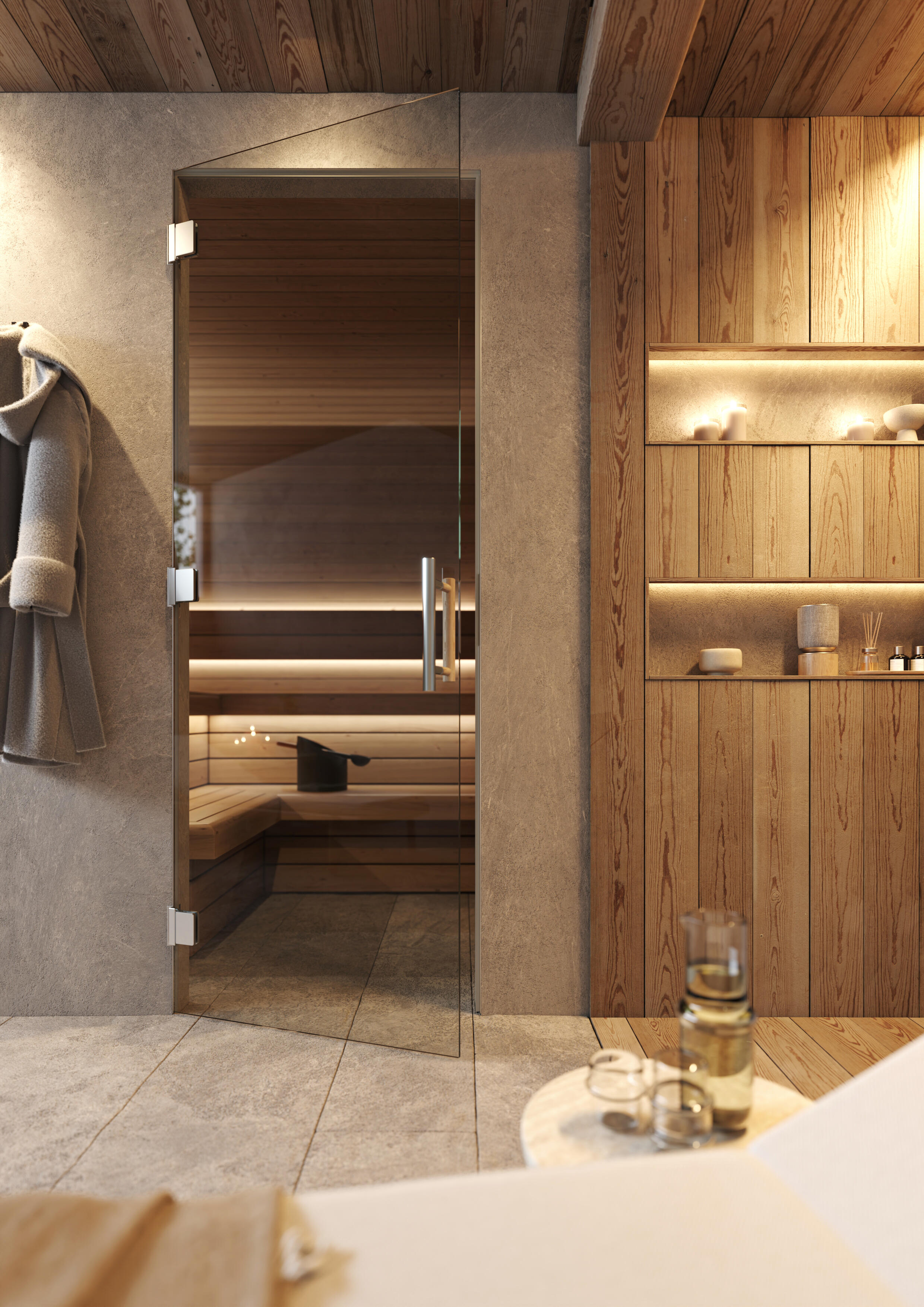 Aktive Glass doorframe with glass door built into the sauna